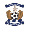 Logo of Kilmarnock F.C. featuring two squirrels and a soccer ball with a blue banner and text.